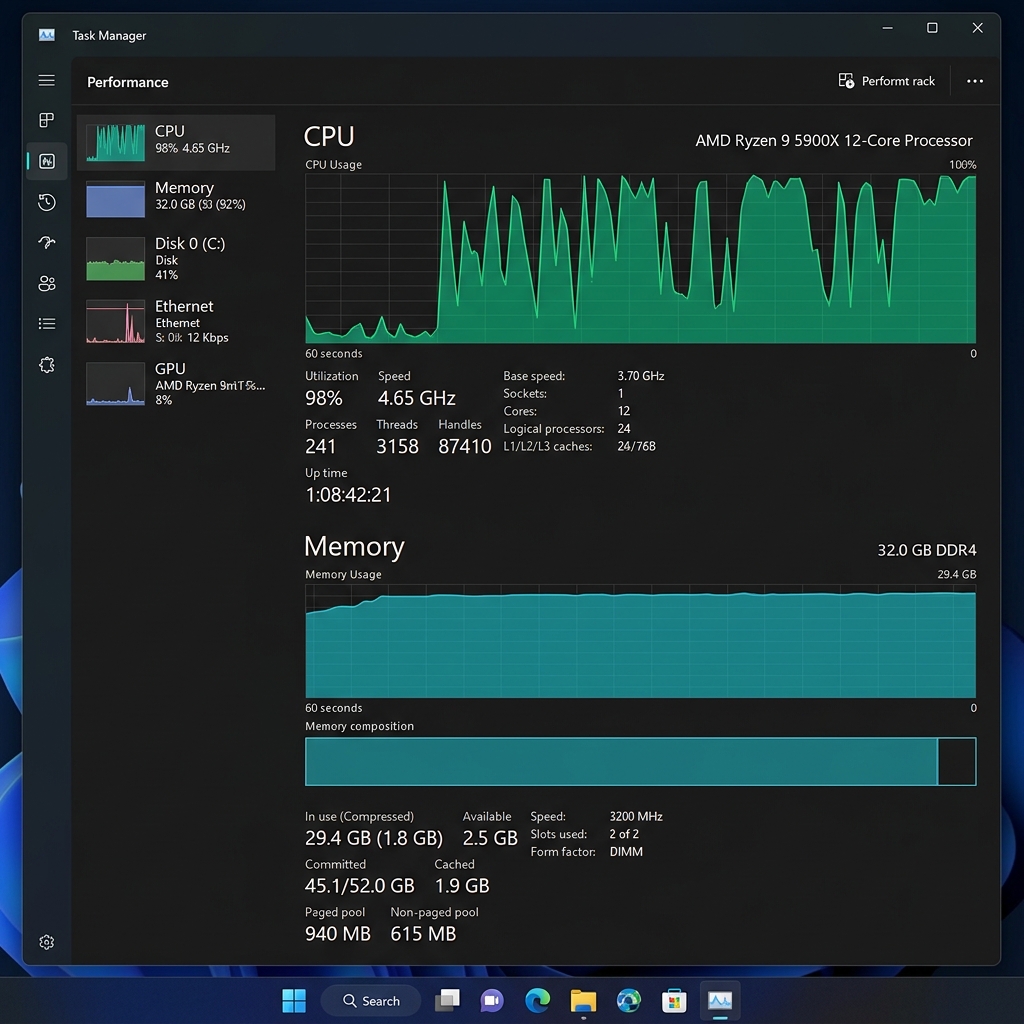 Windows Task Manager Performance showing 100% disk usage