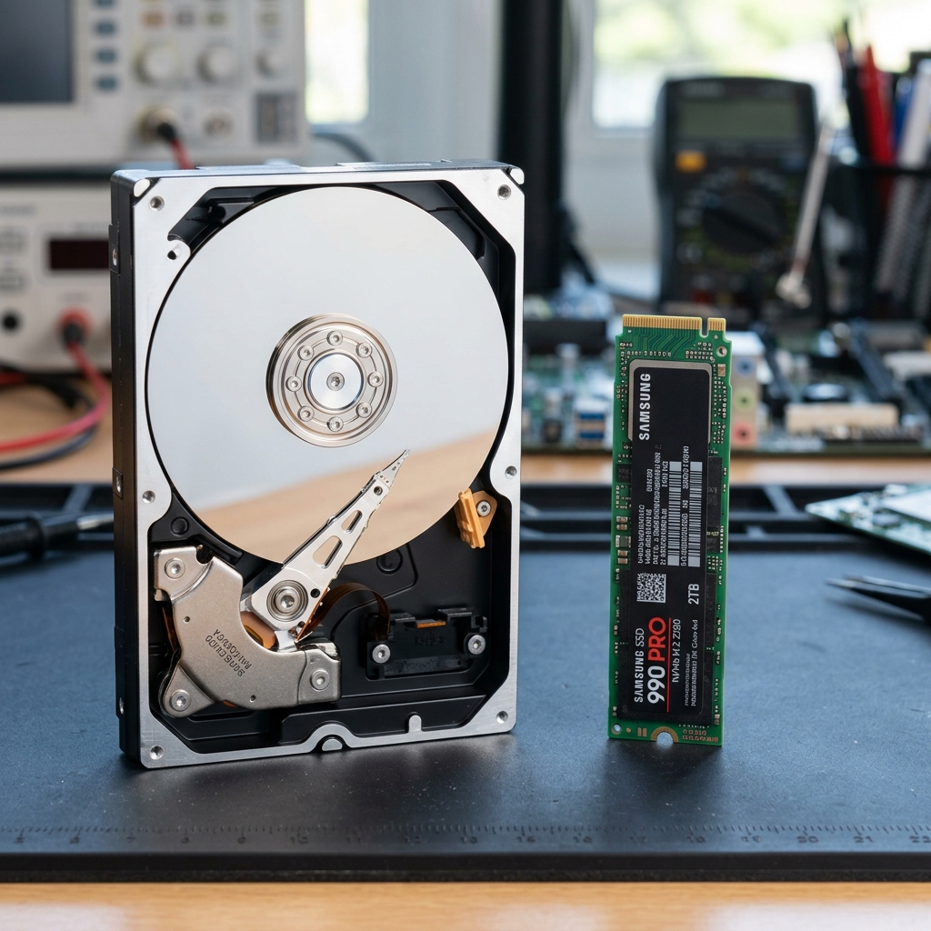 A mechanical HDD next to a modern SATA SSD